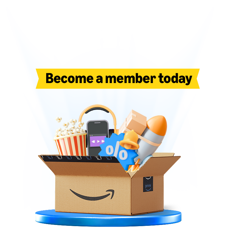 Amzon Prime member box with popcorn, headphones, phone, discount tag and rocket on a blue platform